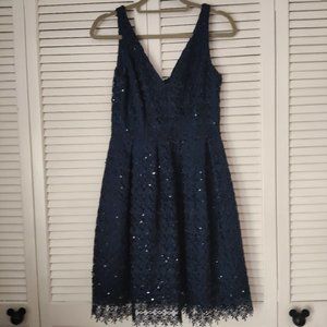 Adrianna Pappell Lace Sequinned Midnight Blue Knee Length Dress Size 4